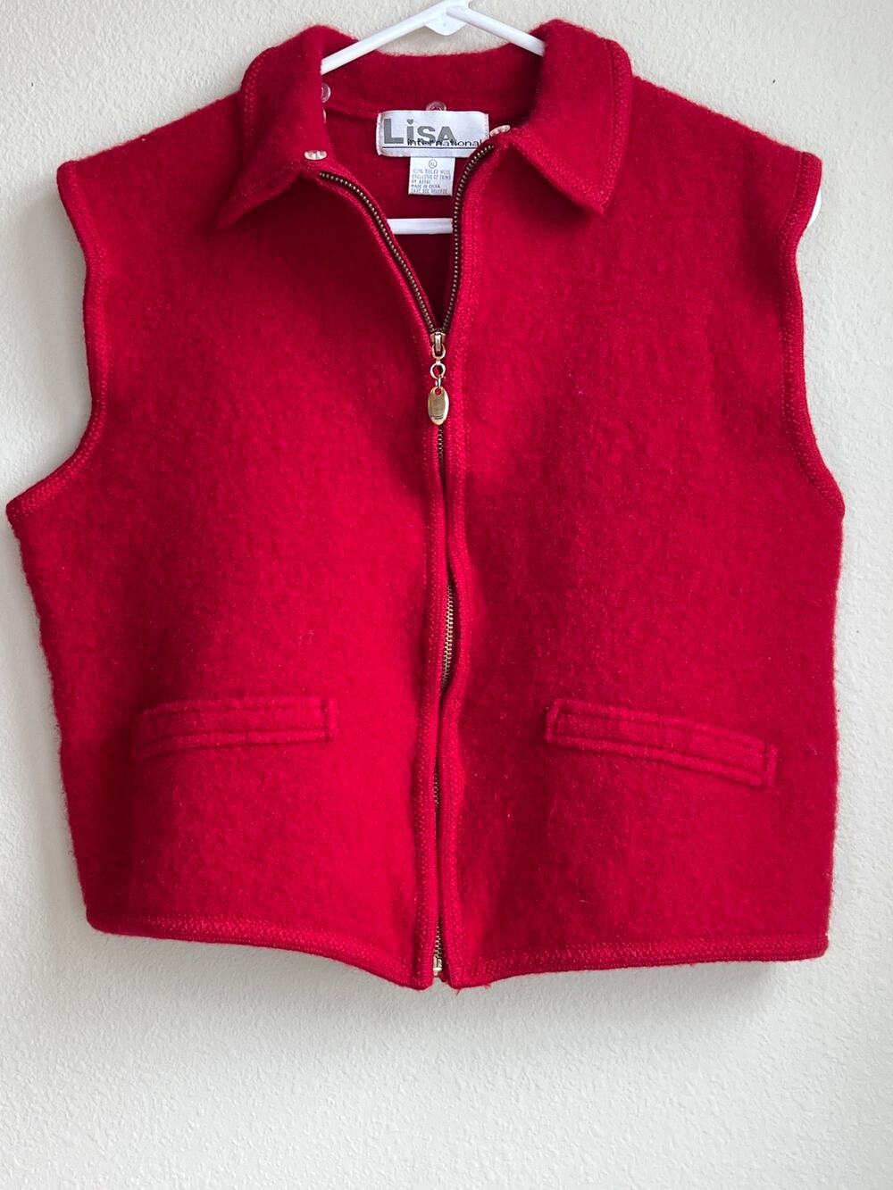 Lisa International Vintage Red 100% Boiled Wool Full Zip Vest XL